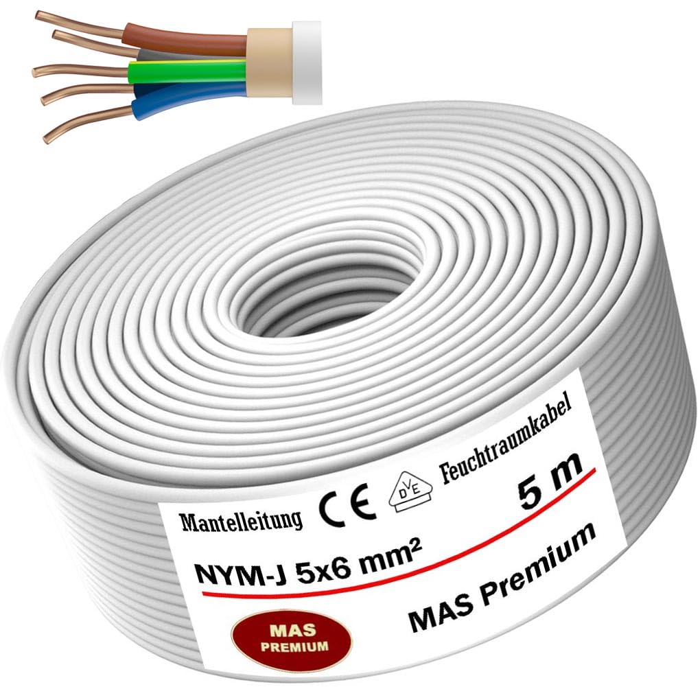 MAS Câble d'alimentation NYM-J de qualité supérieure pour pièces humides, de 5 à 50 m, Câble gainé NYM-J 5 x 6 mm², anneau pour pose fixe (5 m)