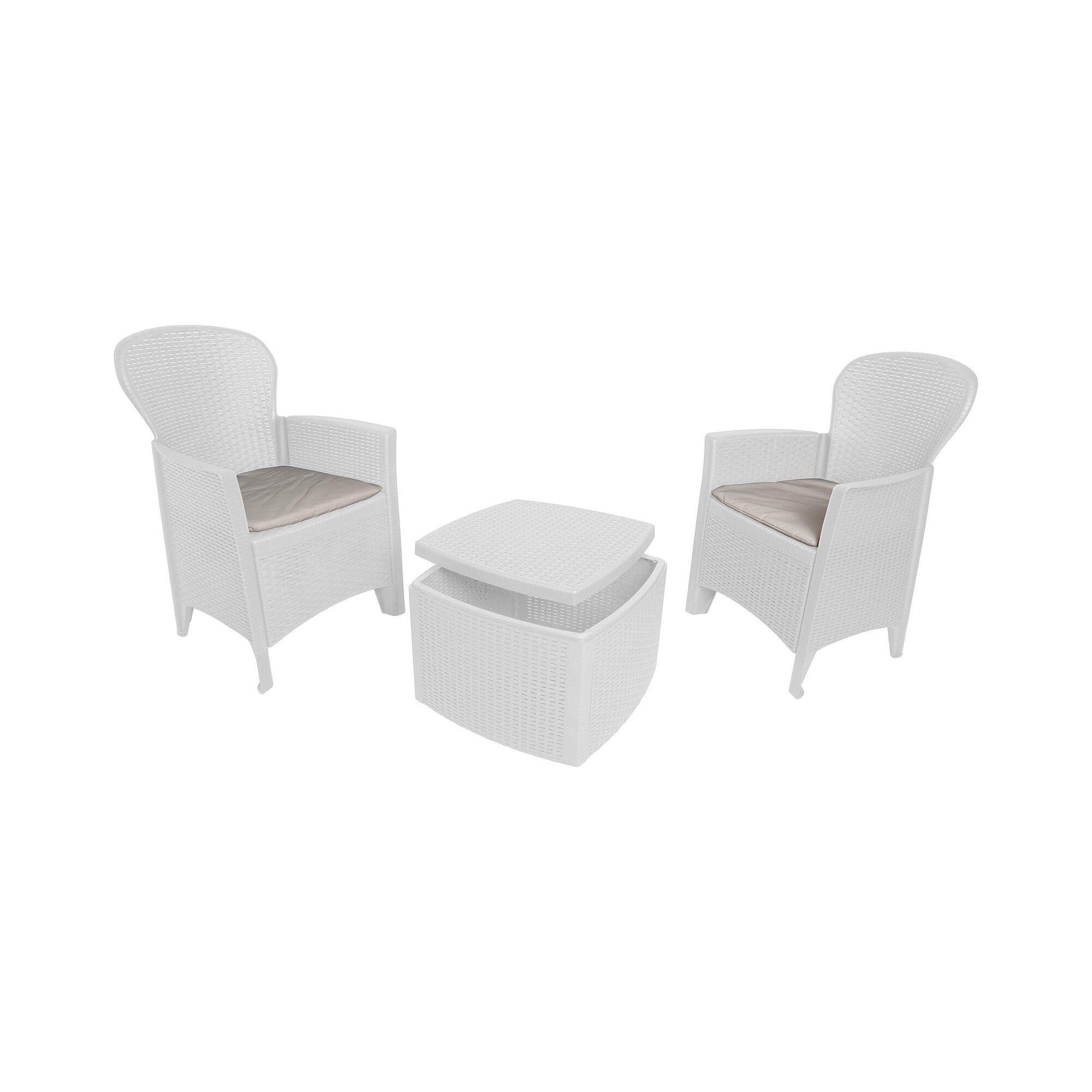 Dmora - Set salotto da esterno Napoli, Composizione da giardino con 2 poltrone ed 1 tavolino contenitore, Salottino effetto rattan, 100% Made in Italy, Bianco