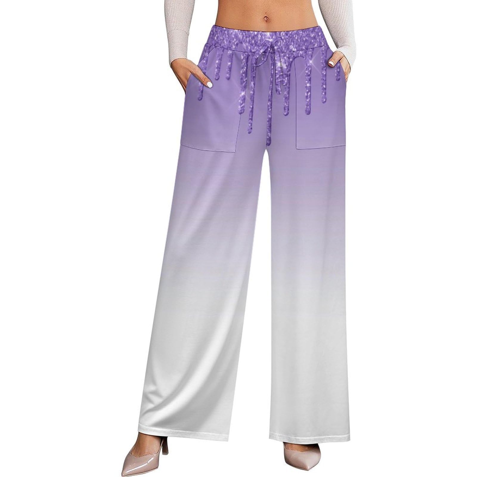 Dyale Neon Purple and Hot Pink Ombre Shade Color Fade Stretch High-Waisted Wide-Leg Pants Womens Versatile Casual Wear
