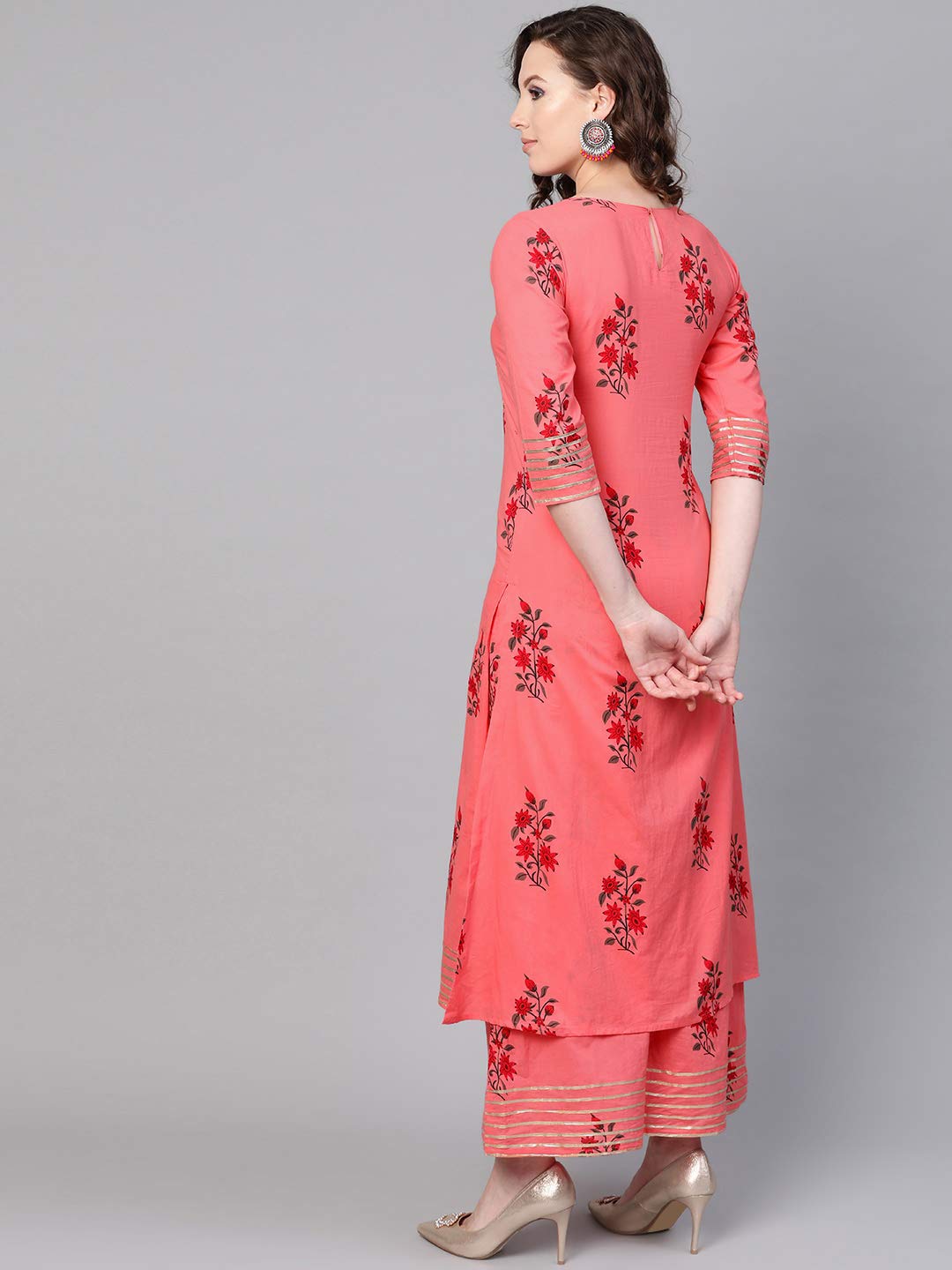 Idalia Coral Printed Straight Pure Cotton Kurta Set For Women 3/4 Sleeve, Round V Neck Designer Kurta With Palazzo Set For Women