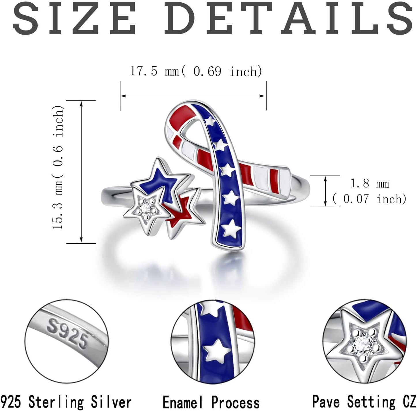 American Flag Patriotic Ring 925 Sterling Silver USA Flag Red White Blue America Fourth of July 4th Independence Day Jewelry Gifts for Women