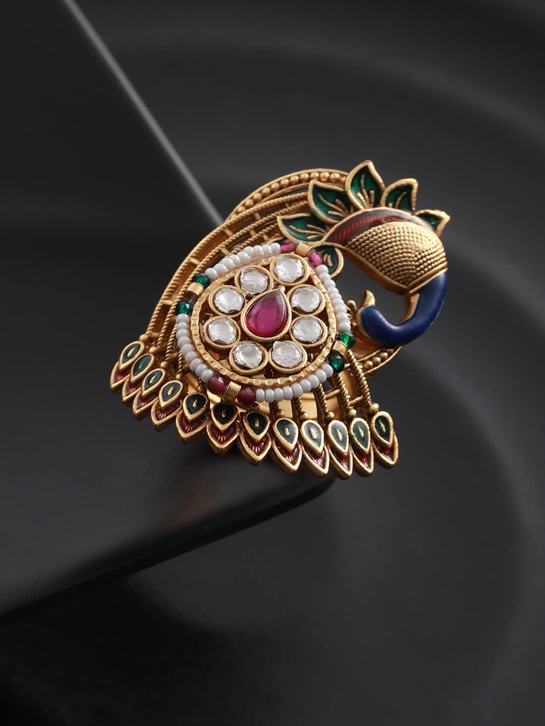 Multicolor Studded Peacock Floral Plated Ring, Statement Piece