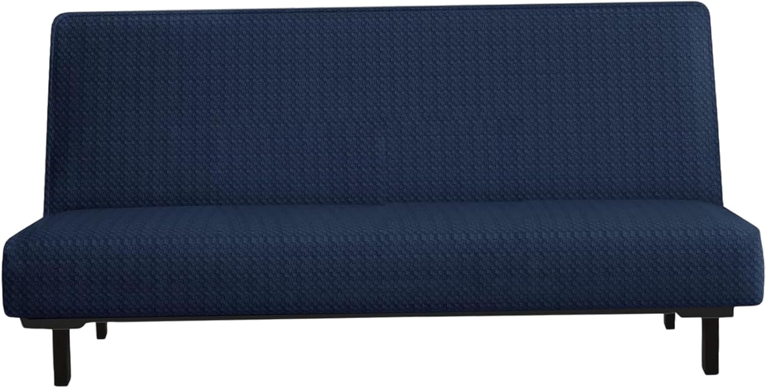 Armless Futon Cover High Stretch Jacquard Armless Couch Cover with Elastic Bottom Dust-Proof Sofa Slipcover for Living Room Kids Pets, Dark Blue