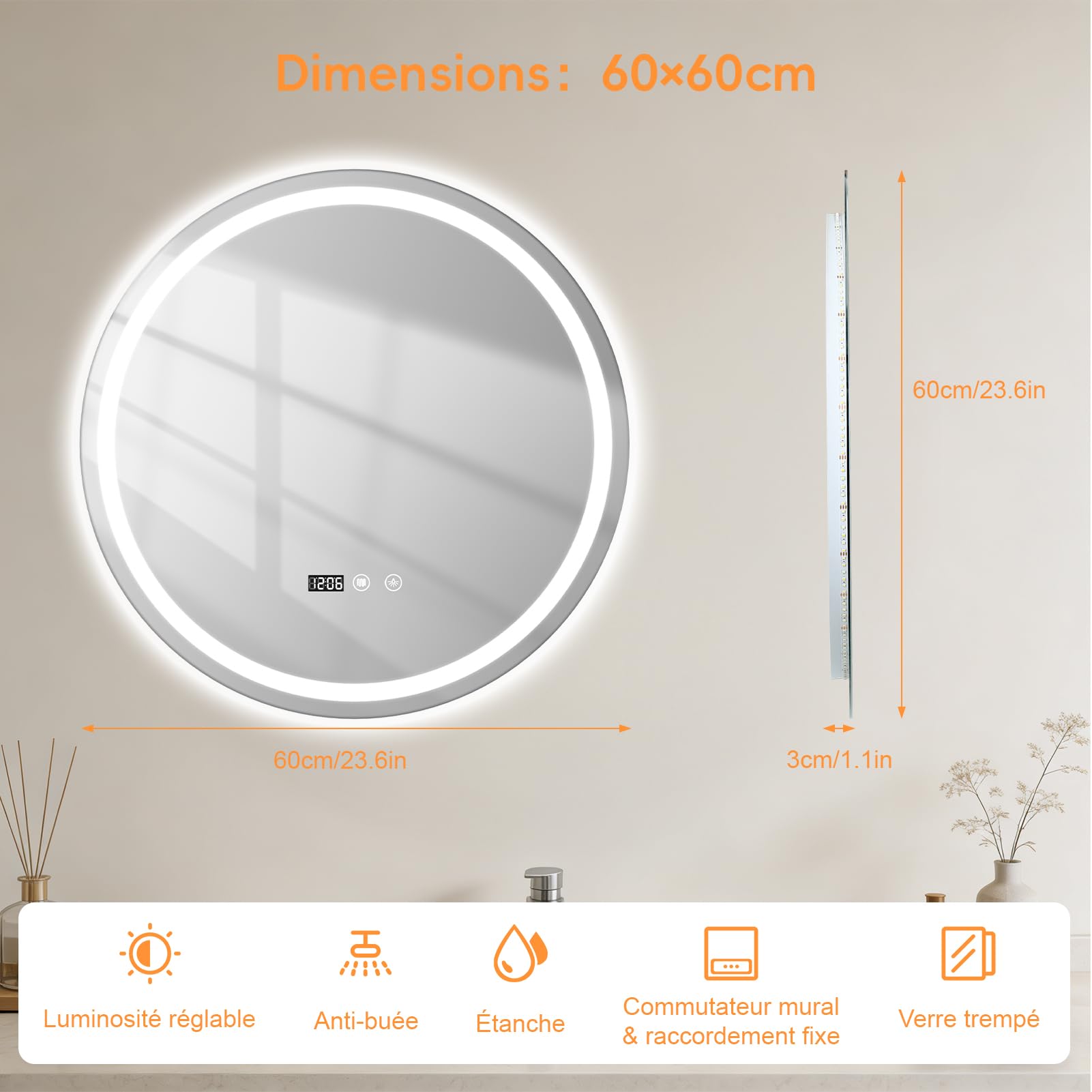 Miroir Salle de Bain avec Eclairage, Miroir LED Salle de Bain de Maquillage Anti-Buée avec Interrupteur Tactile, Miroirs Lumineux Salles de Bain (60×60cm)