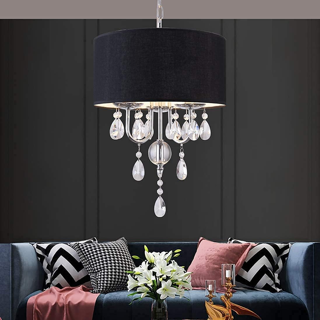 PAPAYA Black Chandelier Crystal Pendant Lighting Flush Mount Ceiling Light fixtures Mini Drum Shade 3-Light Hanging lamp…