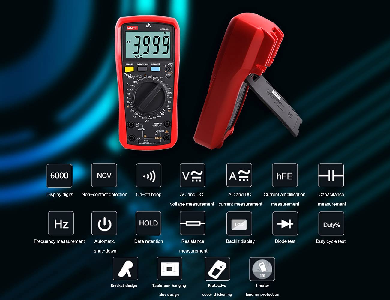 UNI-T UT890D+ Multimetro Digitale True RMS Tensione di Corrente DC/AC (Distinguere tra Cavo Fase e Neutro)