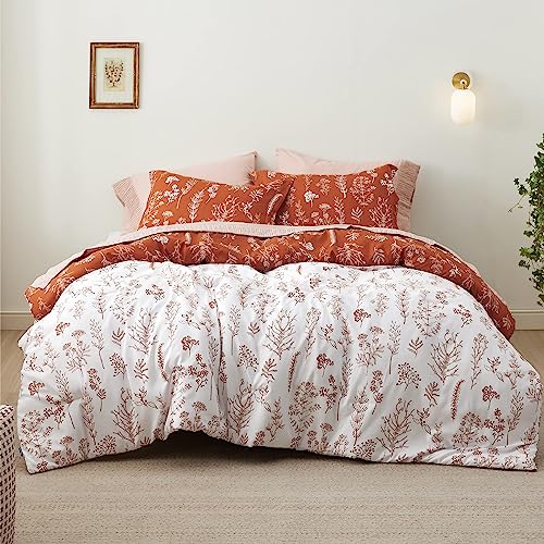 Image of Bedsure California King Comforter Set - Terracotta Bed Set, 3 Pieces Cute Floral Bedding, 1 Soft Reversible Botanical Flowers Comforter and 2 Pillow Shams