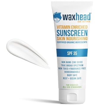 Waxhead Non-Nano Zinc Oxide Sunscreen for Face and Body, SPF 35 Pure Mineral Sunblock Lotion, Physical Zinc Formula with Vitamin D & E, Sensitive Skin Protection, Tattoo Sunblock (4 oz)