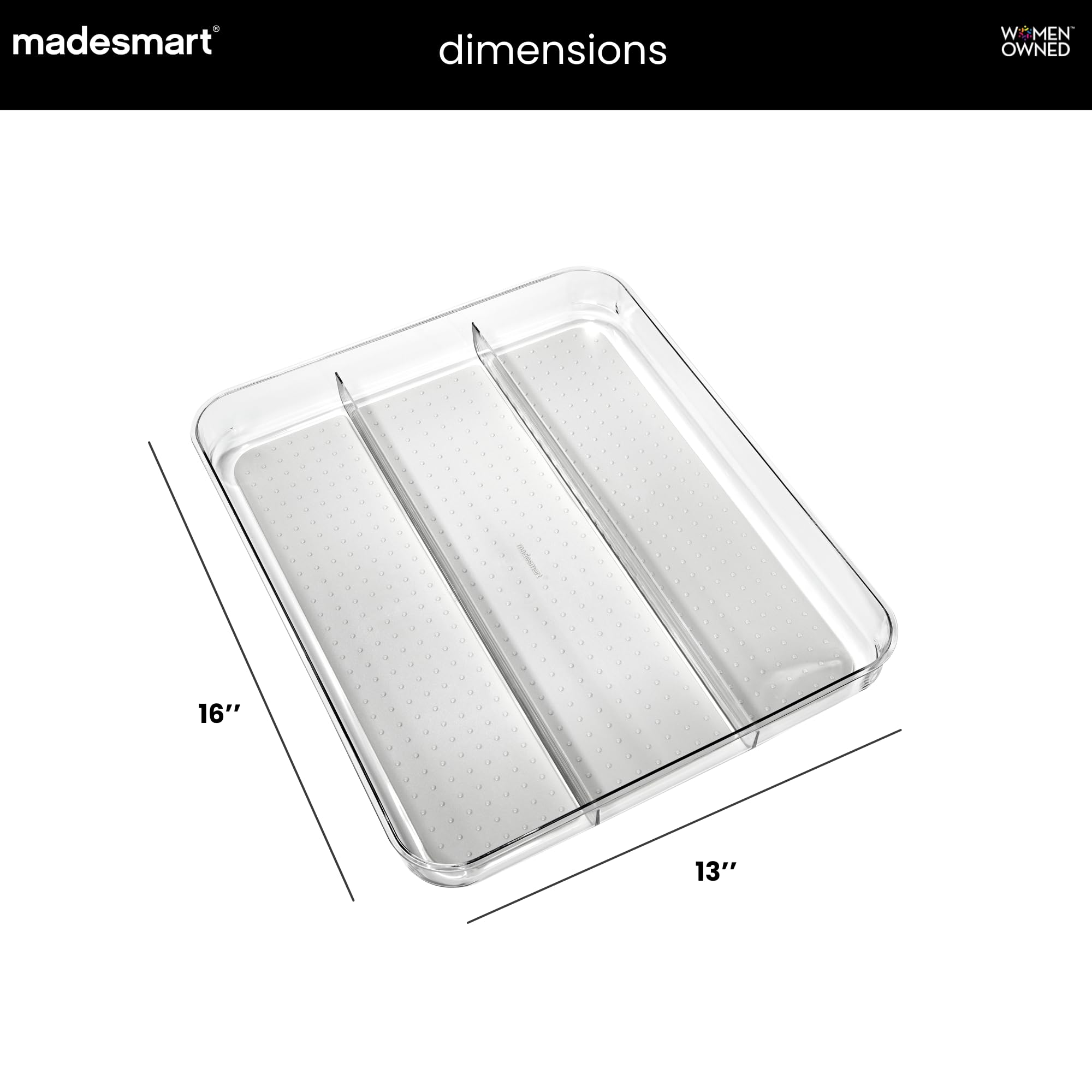 Madesmart - Bandeja para utensilios (tamaño grande), color gris claro | Colección de agarre suave transparente | 3 compartimentos | Forro de agarre suave | Patas antideslizantes | Sin BPA