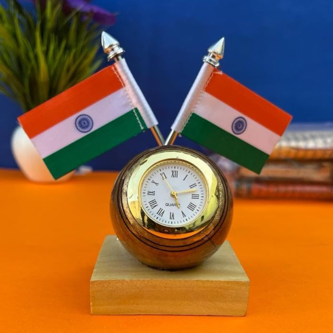 Khamma Ghanni Handicrafts Car Dashboard Indian Flag with Clock Square Car Dashboard Flag Flag-image-2