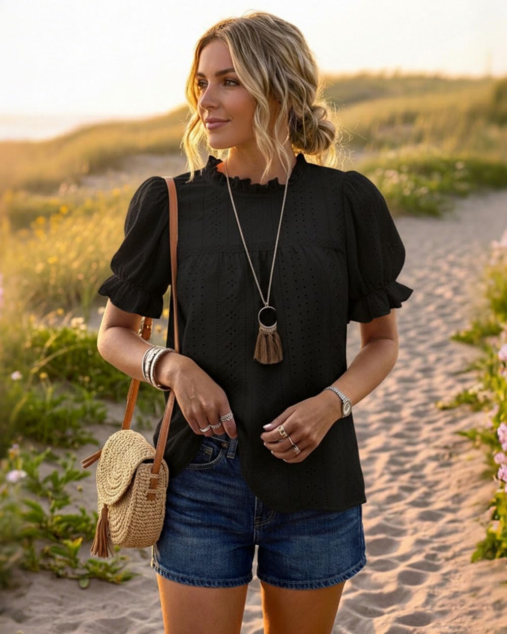 CHICME Women's Elegant Eyelet Mock Neck Puff Sleeve Blouse Casual Summer Hollow Out Embroidered Pullover Top - Image 5