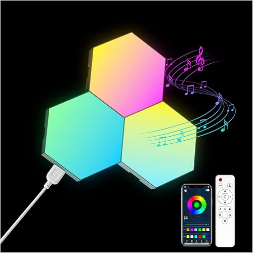 OJQ 3 Pack Hexagon Wall Light LED Panel - Smart APP RGB Hexagonal Modular Gaming Light Music with Sync Honeycomb Shape Panels Hexagon Lights for Bedroom Children Room