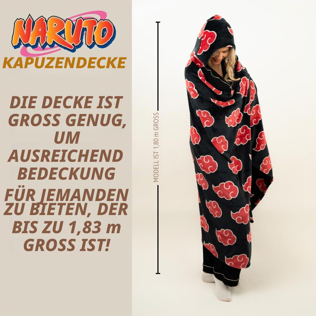 Franco Naruto Anime Akatsuki Wolken-Bettwäsche, superweich und gemütlich, tragbare Überwurfdecke mit Kapuze, 178 x 127 cm (offizielles Lizenzprodukt) Sammlerstücke
