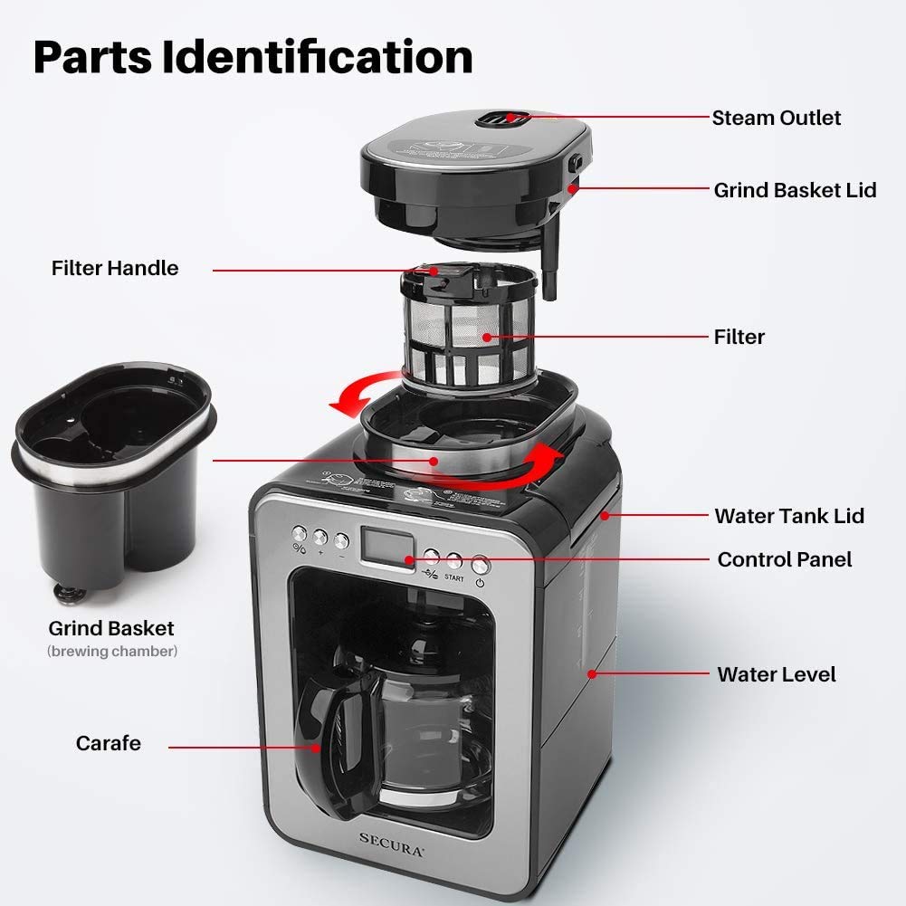 Secura Automatic Coffee Maker with Grinder, Programmable Grind and Brew