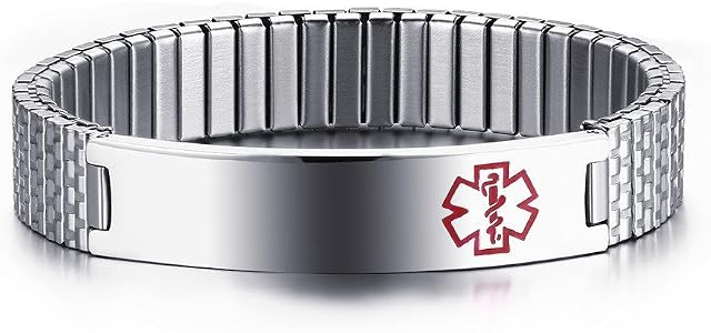VNOX 12mm Mens Womens Stainless Steel ID Stretch Wristband Medical Alert Bracelet Bangle,Silver,Free Engraving