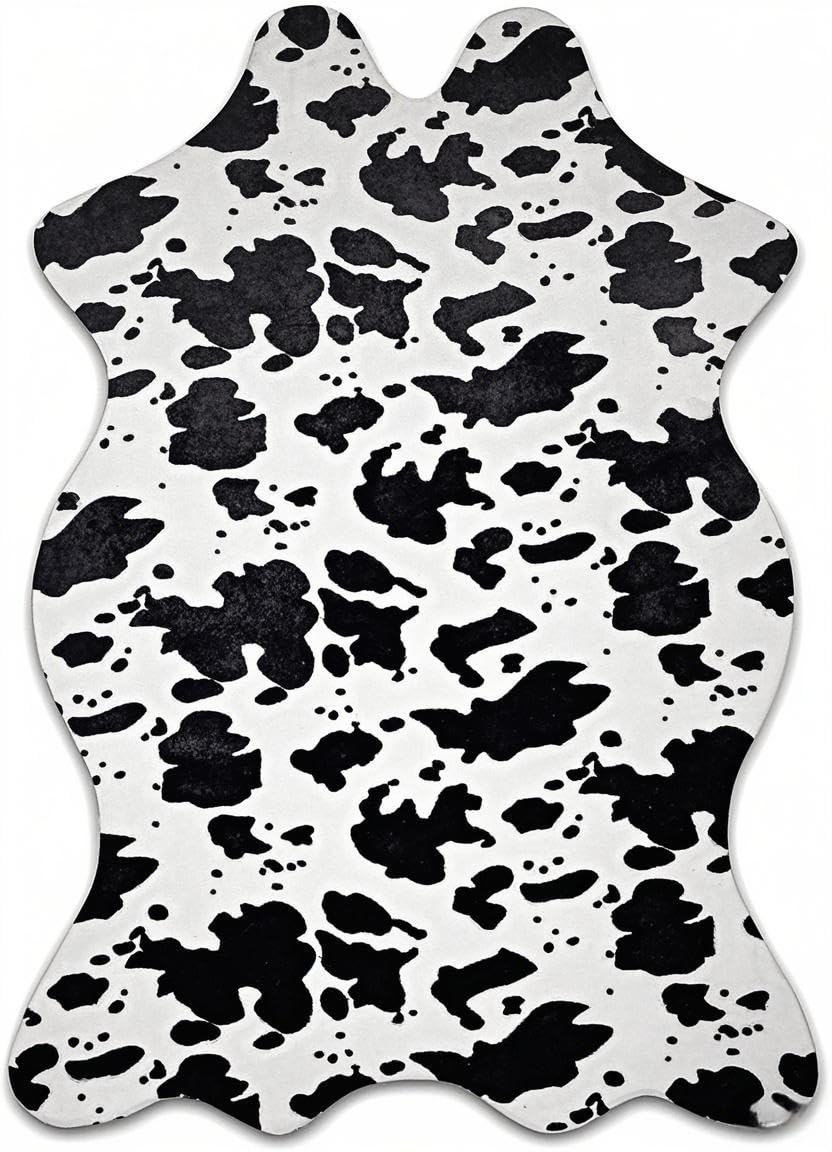 Sgizoku Cow Print Rug,3.6x2.5 Feet Faux Cowhide Rug Cute Area Rug Fun Western Room Decor Cow Rugs for Living Room Bedroom Non-Slip，Black (43 inches x