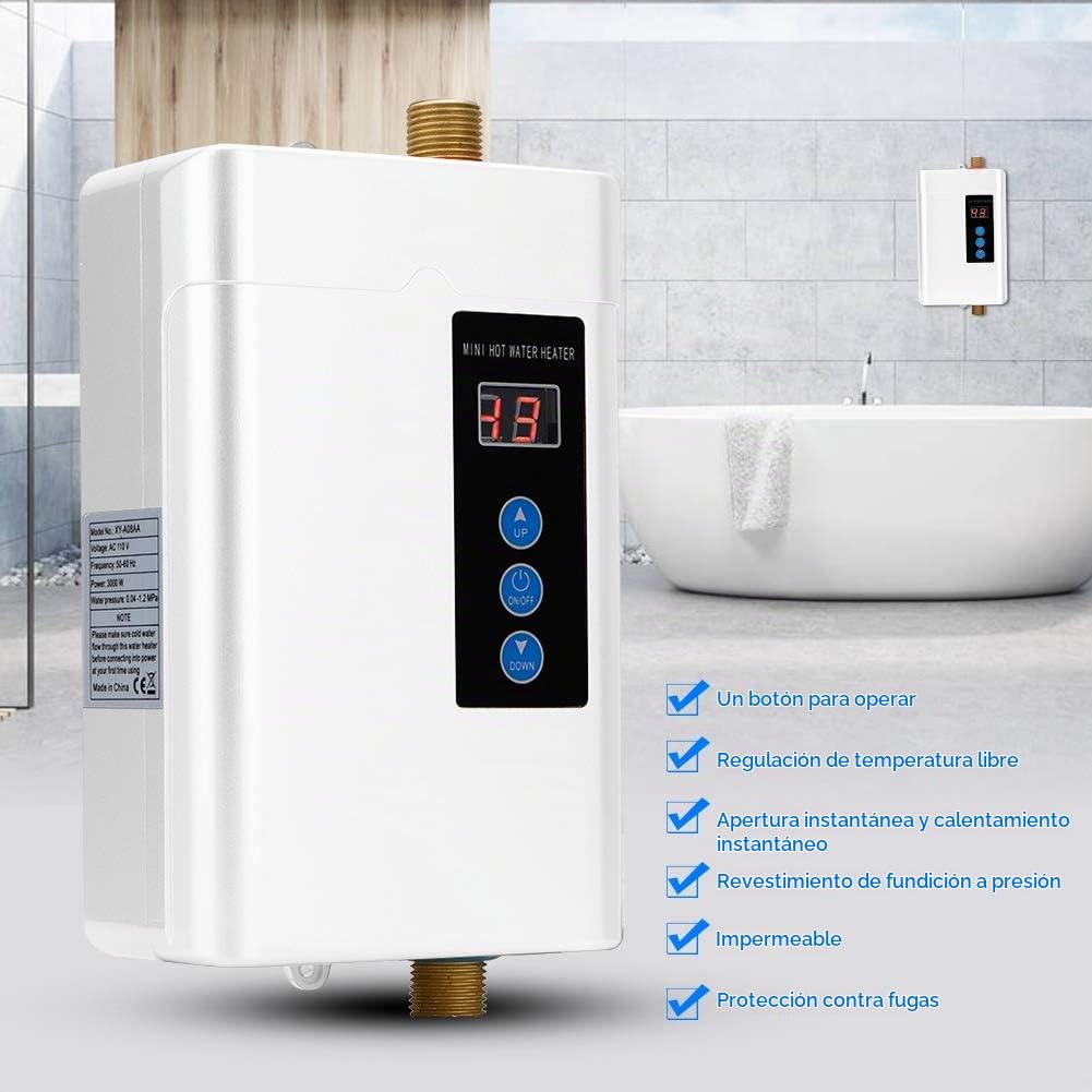 Calentador de Agua Instantáneo, Mini Pantalla Táctil LCD Calentador de Agua eléctrico sin Tanque Calentador de Agua de Control Remoto Máquina de Calentamiento de Agua para El Hogar(Blanco UE 4000W)