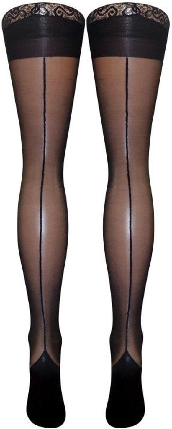 Lace Top Hold Ups with Contrast Cuban Seam | One Size Made in UK