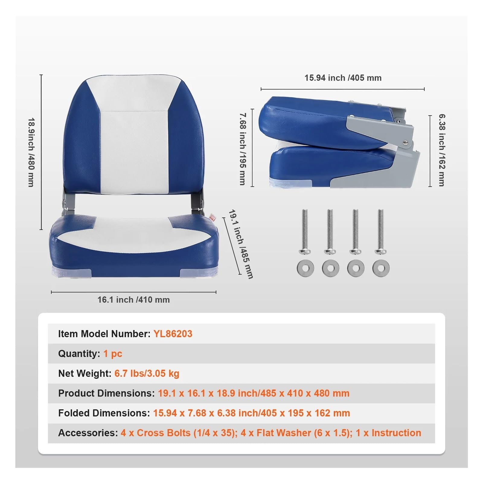 Bootssitz Bootssitz 18,9" Bootssitz Mit Niedriger Rückenlehne Klappstuhl Mit Dicker Schwammpolsterung Scharnier Umklappbarer Bootskapitänsstuhl