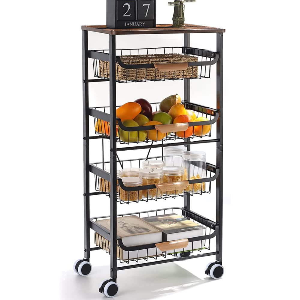 Photo 1 of Kitchen Storage Rolling Cart, Kitchen Cart with Lockable Wheels, 5 Tier Metal Wire Basket Shelf Rolling Storage Cart with Wooden Handle, Wood Cover Top Kitchen Island Cart for Home, Office 5-Tier