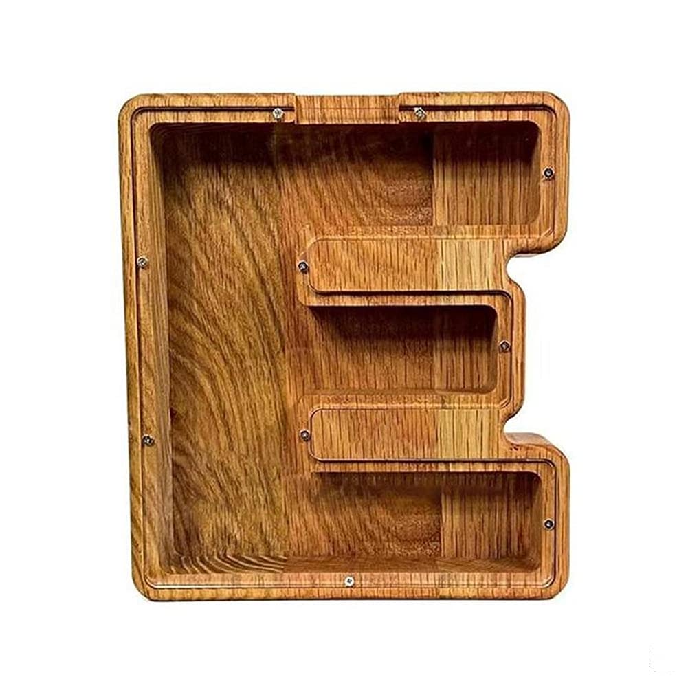 Wooden Money Bank Personalized Letters Coin Bank Text Engraved Money Box Wooden Coin Bank ​Gift for Kids Christmas Birthday Gift Home Decoration (E)