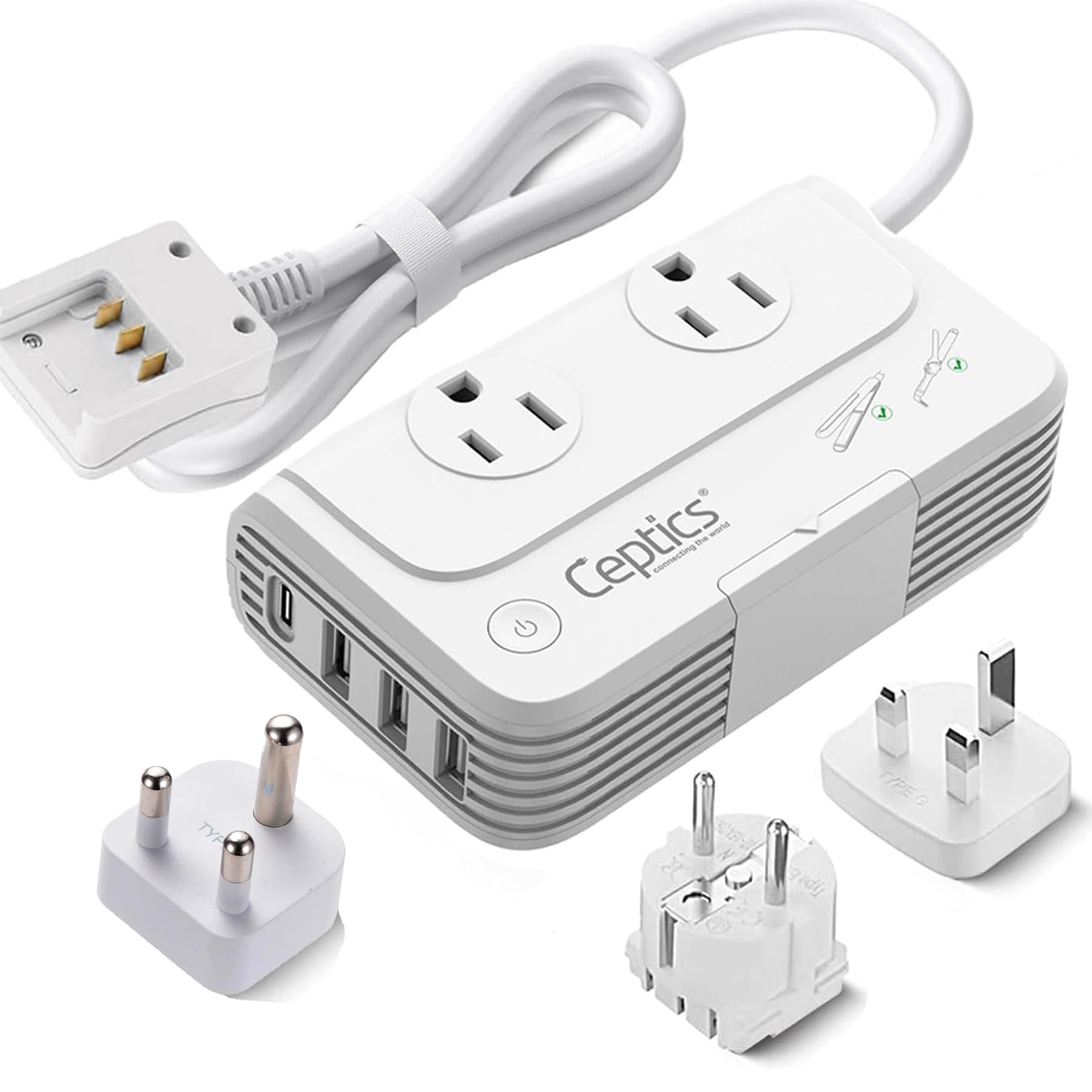Ceptics South Africa Voltage Converter - 200W Convert 220V to 110V for Devices Like Curling Iron, Straightener, Chargers, Step Down World Power Plug 4 USB Charging Fast QC 3.0 Type M, G, E/F-image-37