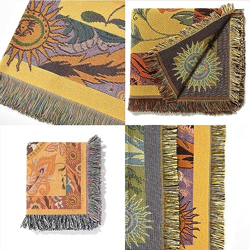 Shesyuki Boho Throw Blanket Reversible Cotton Bohemian Tapestry Hippie Room Decor Carpet Chair Couch Sofa Cover Outdoor Blanket Double Sided (National Sun Pattern Yellow 50"x60") - Image 4