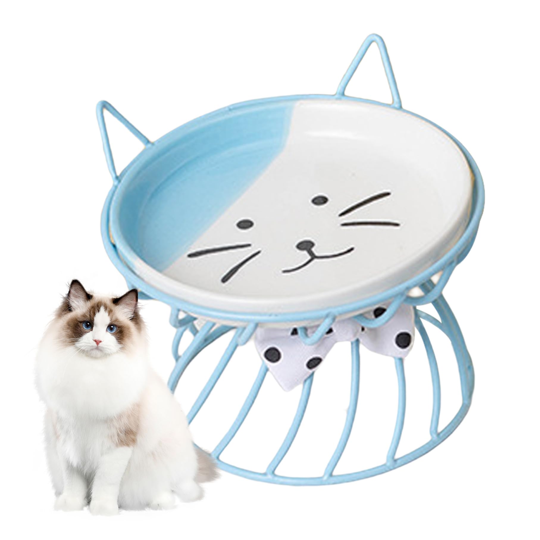 Pastoralist Blue Cat Food Bowl Ceramic Cat Bowl With Stand Cute Cat Raised Feeding Plate Elevated Pet Bowl For Cat Dog Feeder Bowl Ceramic Cat Bowl With Stand