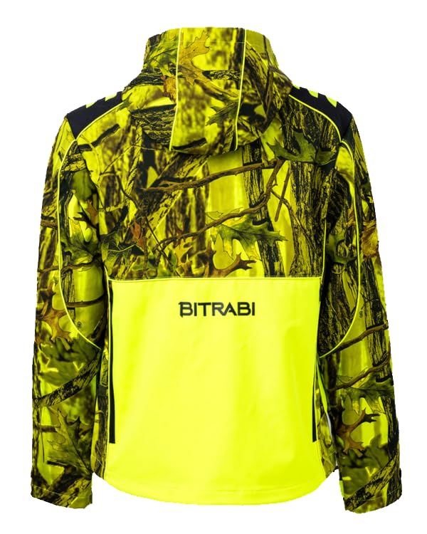 Giacca Tiger da Caccia Mimetica, Softshell Impermeabile con Cappuccio Removibile, Design a Due Tonalità,Verde Militare e Giallo Alta Visibilità