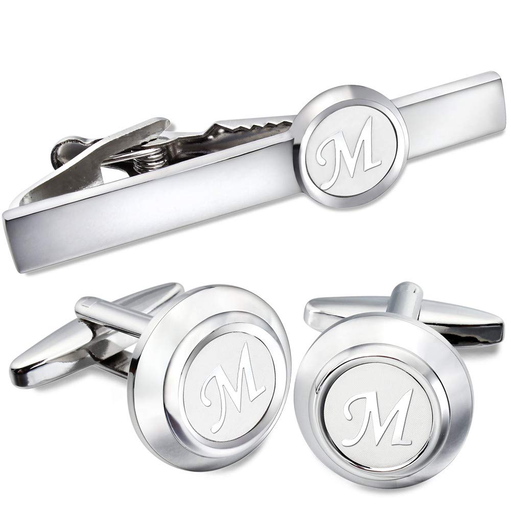 AMITER 26 Letters Tie Clip and Cufflinks for Men, Initial Tie Bar & Cuff Links Set Necktie Clip for Business, Wedding, Anniversary