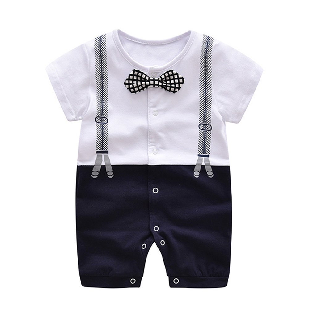Ding-dong Baby Boy Summer Cotton Gentleman Bowtie Romper(Navy, 18-24M)