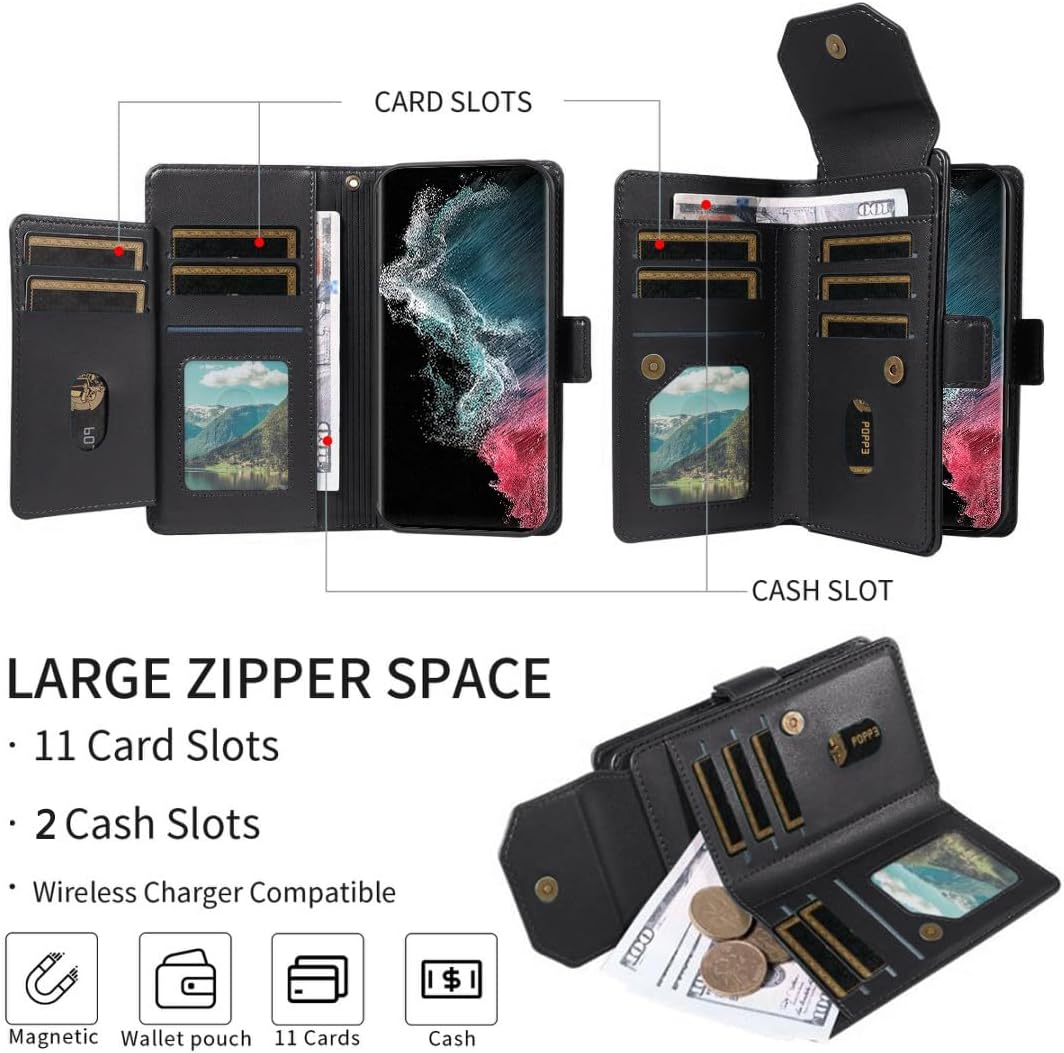 Asuwish Phone Case for Samsung Galaxy S22 Ultra 5G Cell Wallet Cover with Tempered Glass Screen Protector Flip Credit Card Holder Slot Stand S22ultra 22S S 22 S22ultra5g 6.8 Women Men Black