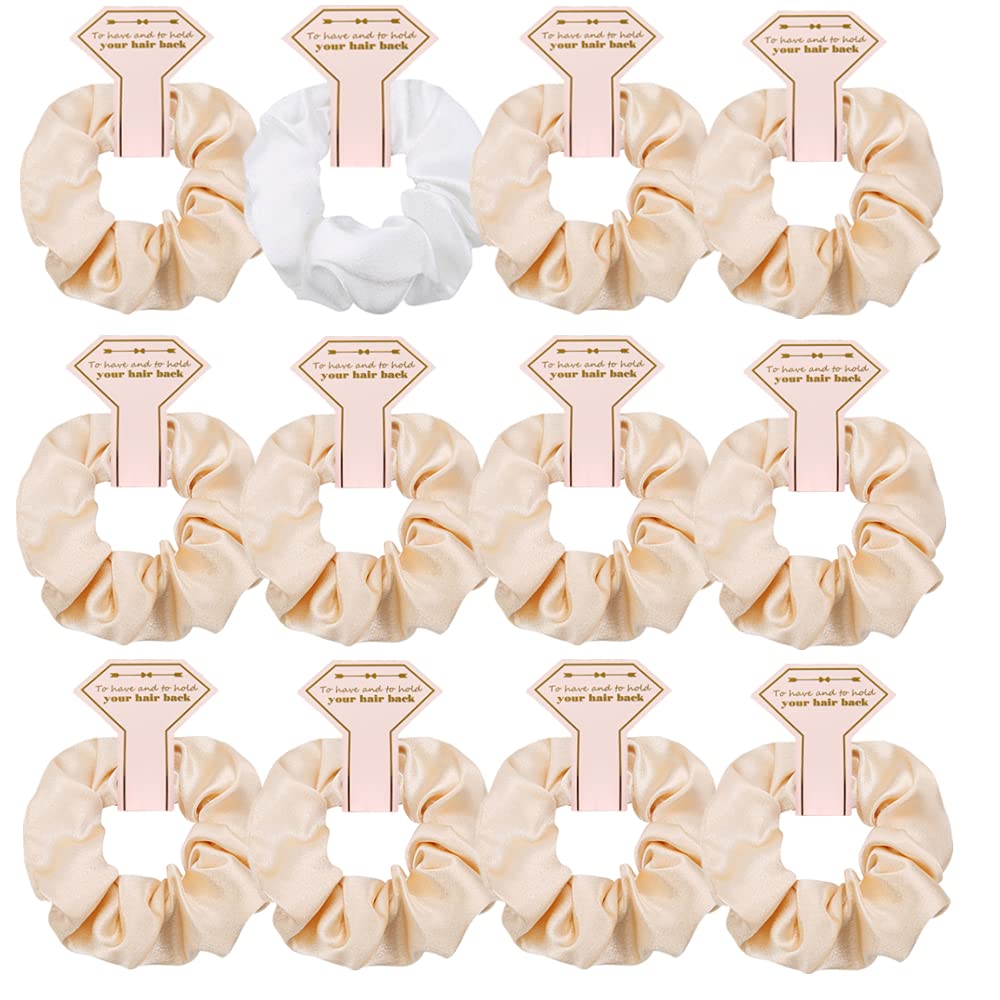 Satin Bridesmaid Scrunchies 12 pack Proposal Gifts Elastics Hair Ties Scrunchies Bachelorette Party Favors Satin Bridesmaid Gift for Bridal Wedding Parties (White & Beige)