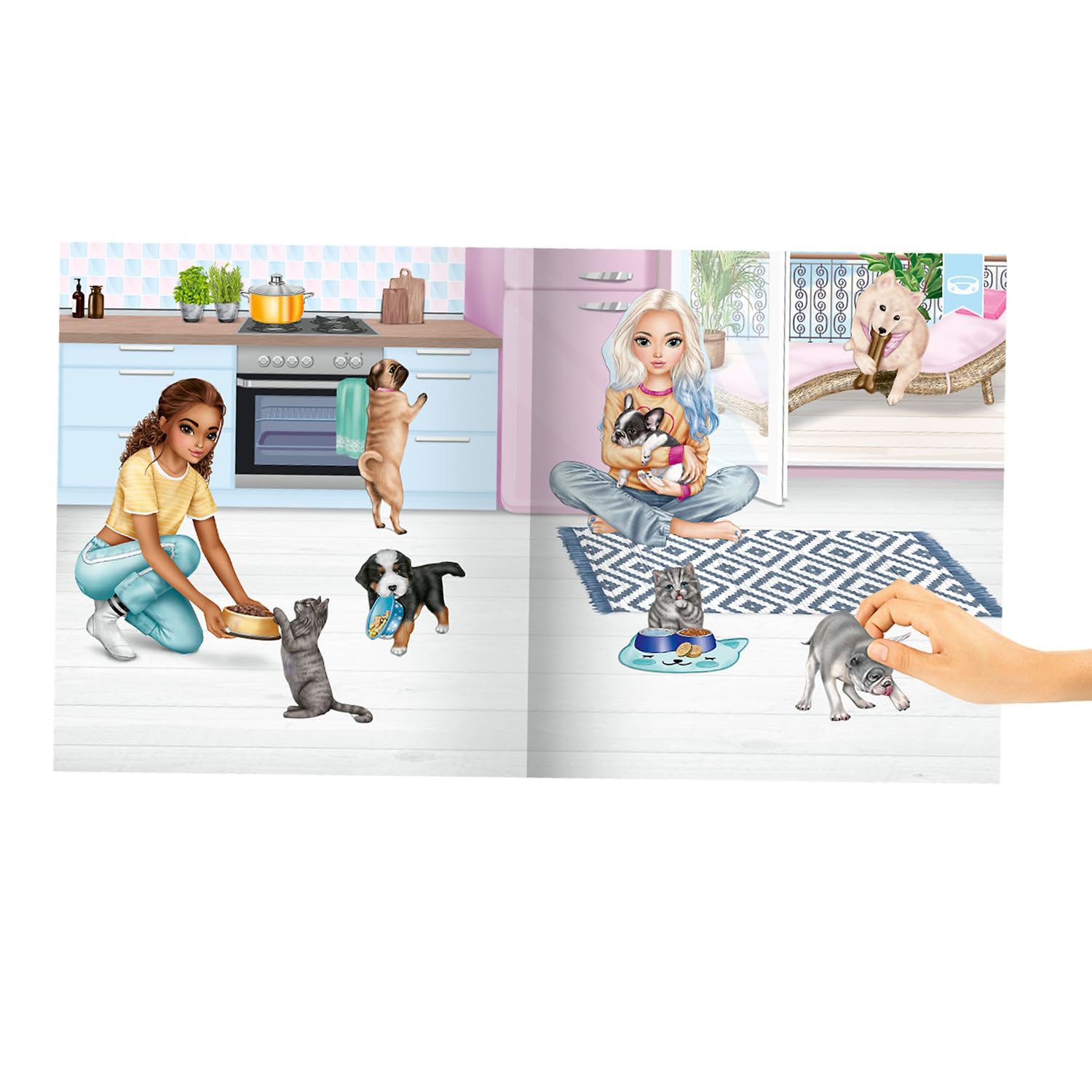 Depesche 13571 TOPModel Kitty and Doggy - Książeczka z naklejkami z 20 szczegółowymi stronami ze zwierzętami, w tym 3 naklejki na dwie strony