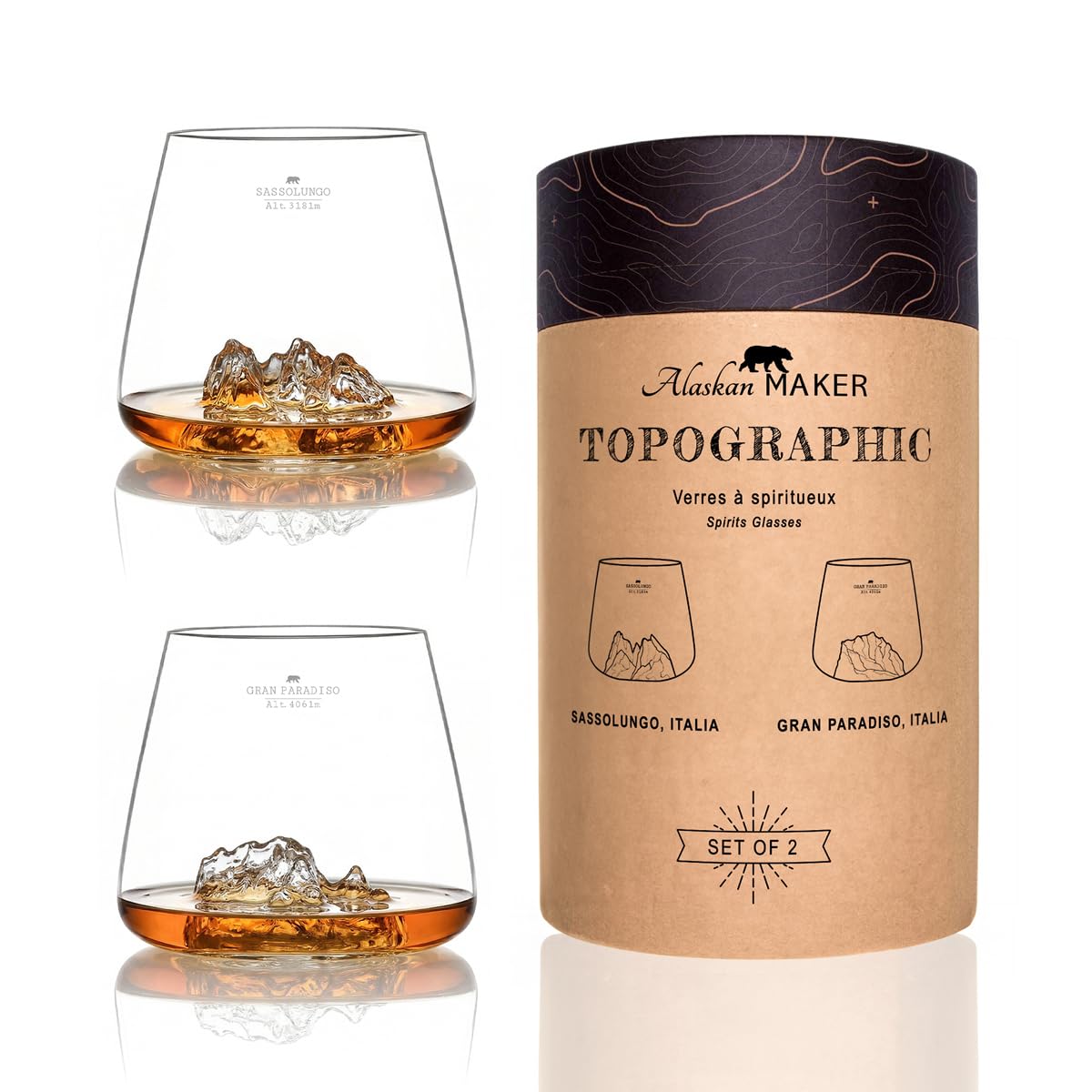 Bicchieri da Whisky 350 ml (confezione da 2) – Borosilicato di alta qualità, soffiati artigianalmente con le montagne in rilievo, forma a tulipano, distillati topografici (Sassolungo & Gran Paradiso)