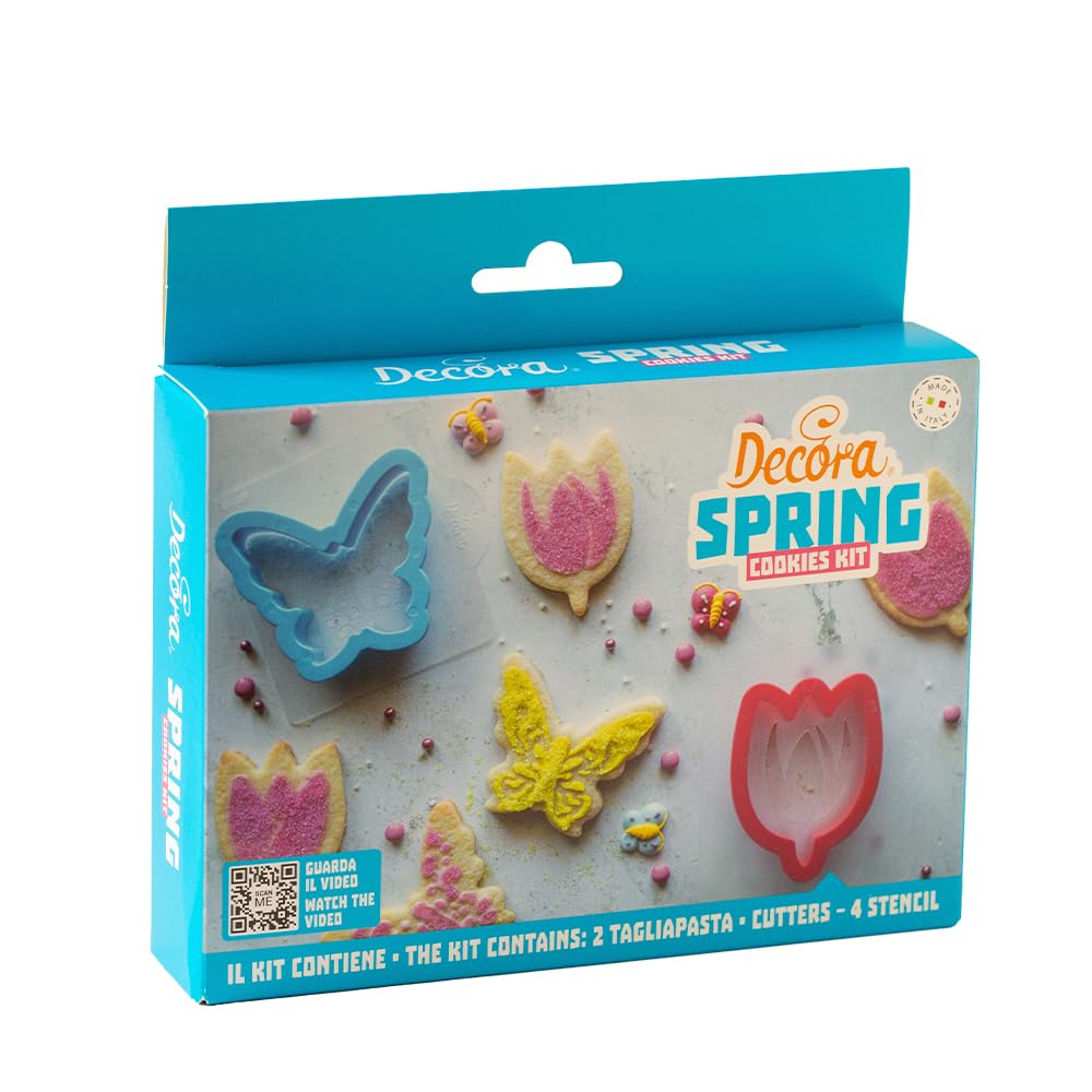 Decora 0255234 Spring Decorative Set, 2 Tulip and Butterfly Cutters and 4 Decorative Stencils, Ideal for Creating Three-Dimensional Decorated Cookies, Made in Italy, Pack of 6