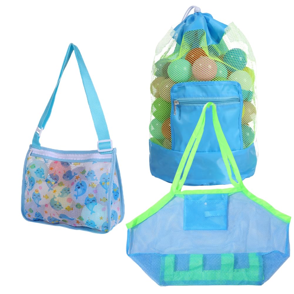 Bolsa Playa de Malla 3 piezas,Bolso de Asas de Arena de la Playa Bolsa de Almacenamiento Bolsa de Malla Bolsa de Juguetes Bolsas de Mano para Conchas Las Toallas De Playa Ropa De La Bola(F)