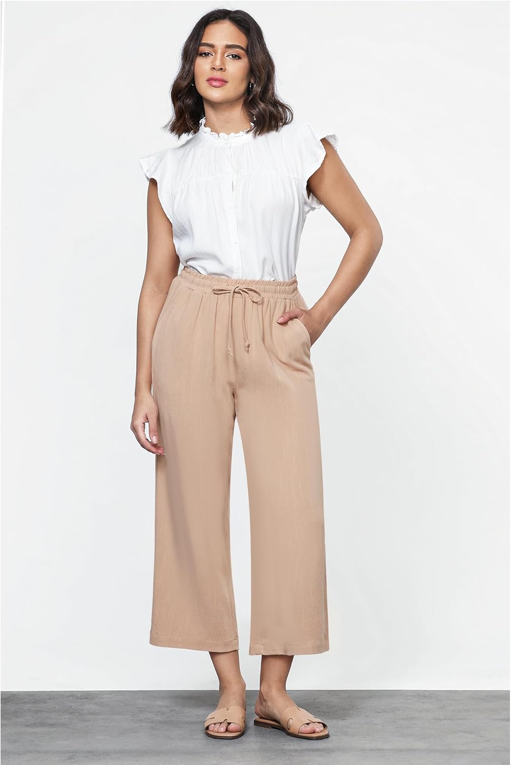 GRAPENT Linen Pants for Women High Waisted Wide Leg Capri Elastic Waist Casual Beach Flowy Cropped Summer Capris Pants - Image 2