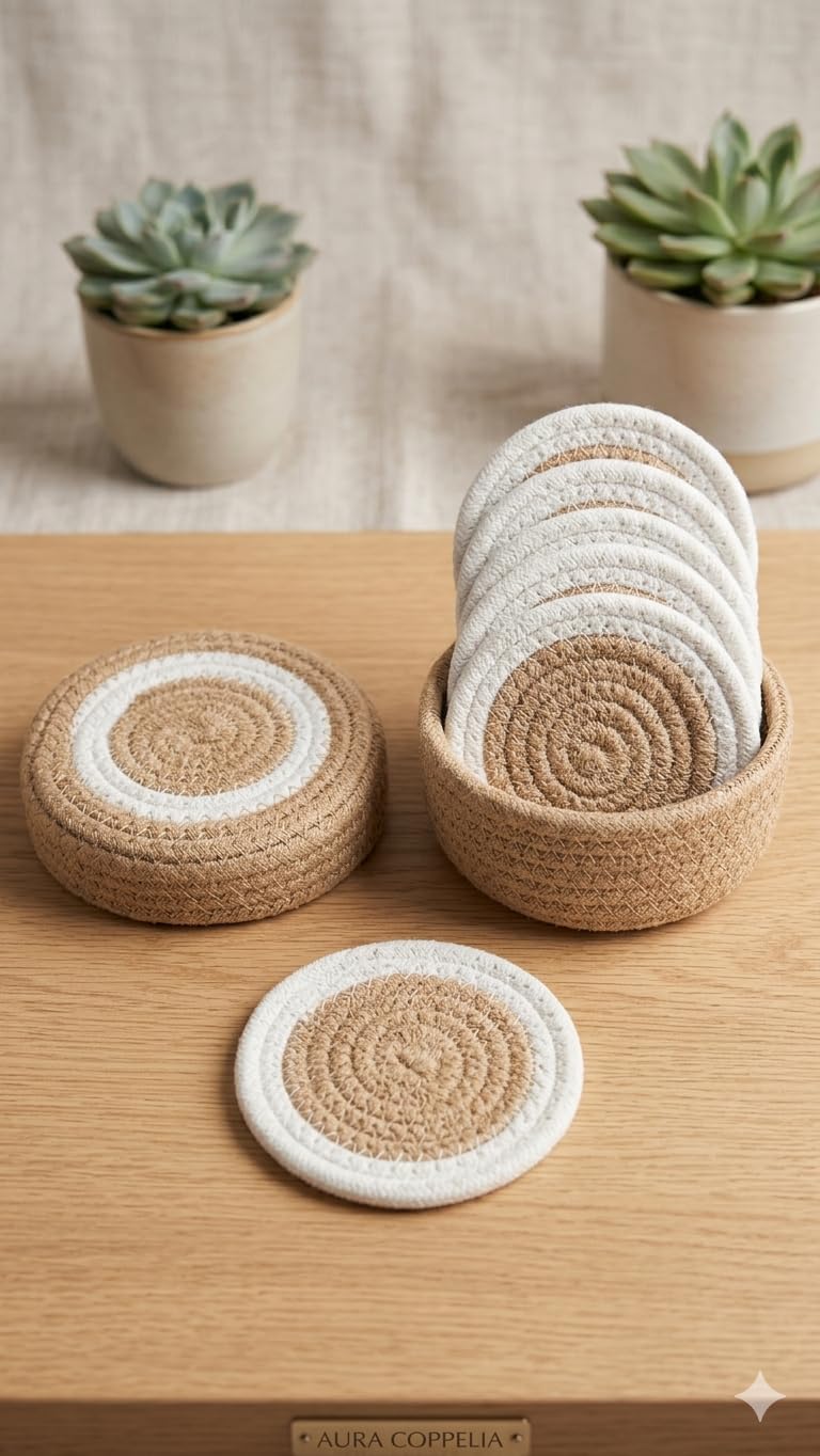 Handwoven Jute & Cotton Rope Coasters Set of 6 with Holder Basket – 4 Inch Round-picture-40