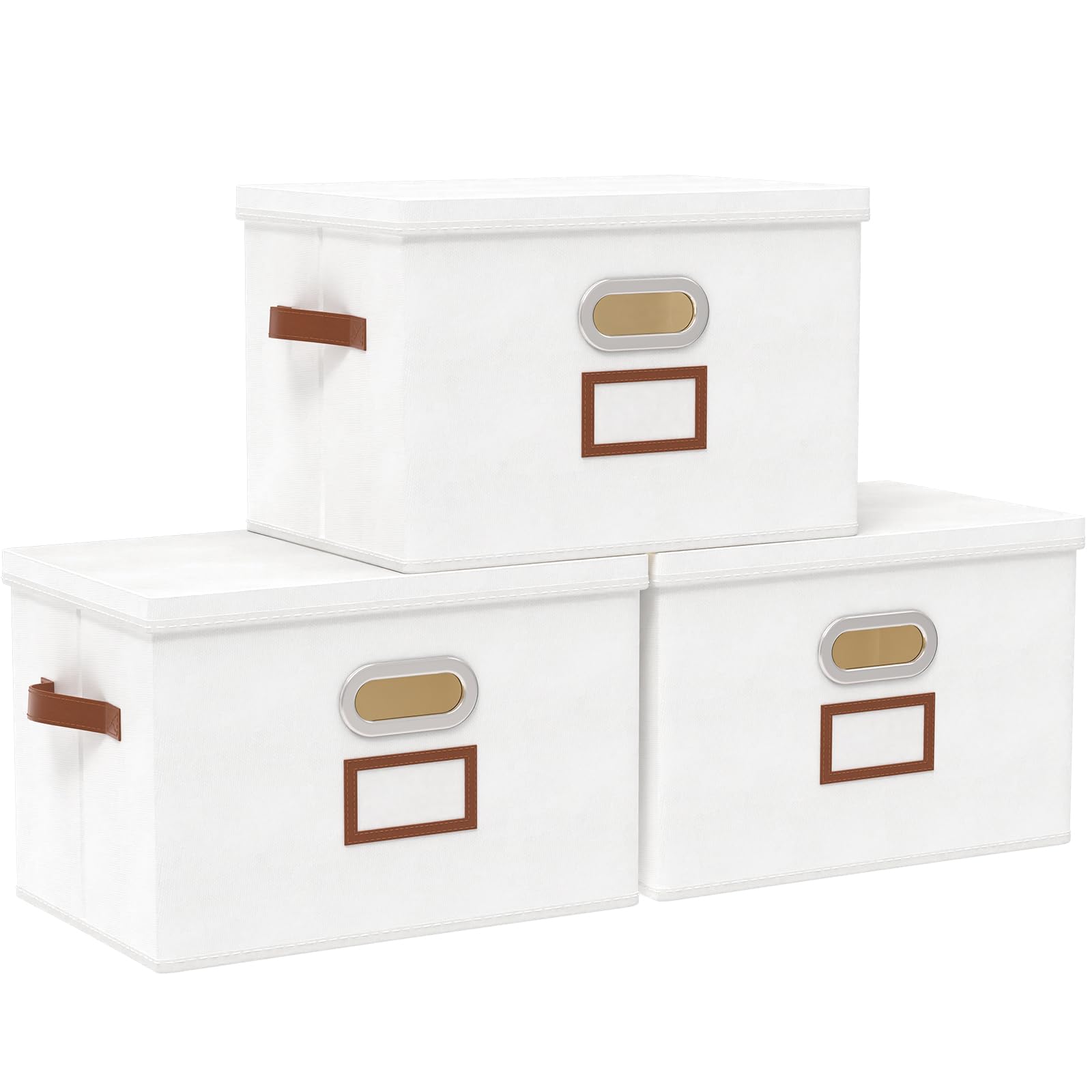 OUTBROS Cajas Almacenamiento, Contenedores, Juego de 3, 45x30x30cm, Blanco | Cajas de almacenamiento plegables, Contenedores de tela con tapas de organizadora para guardar ropa