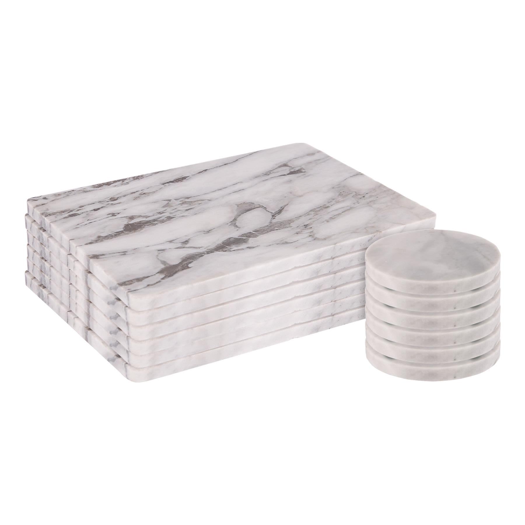 Argon Tableware Marble Placemats & Round Coasters Set - 12pc - White - Kitchen Dining Table Mats Bar Drinks Coaster Protector Place Mats for Home, Restaurant Catering