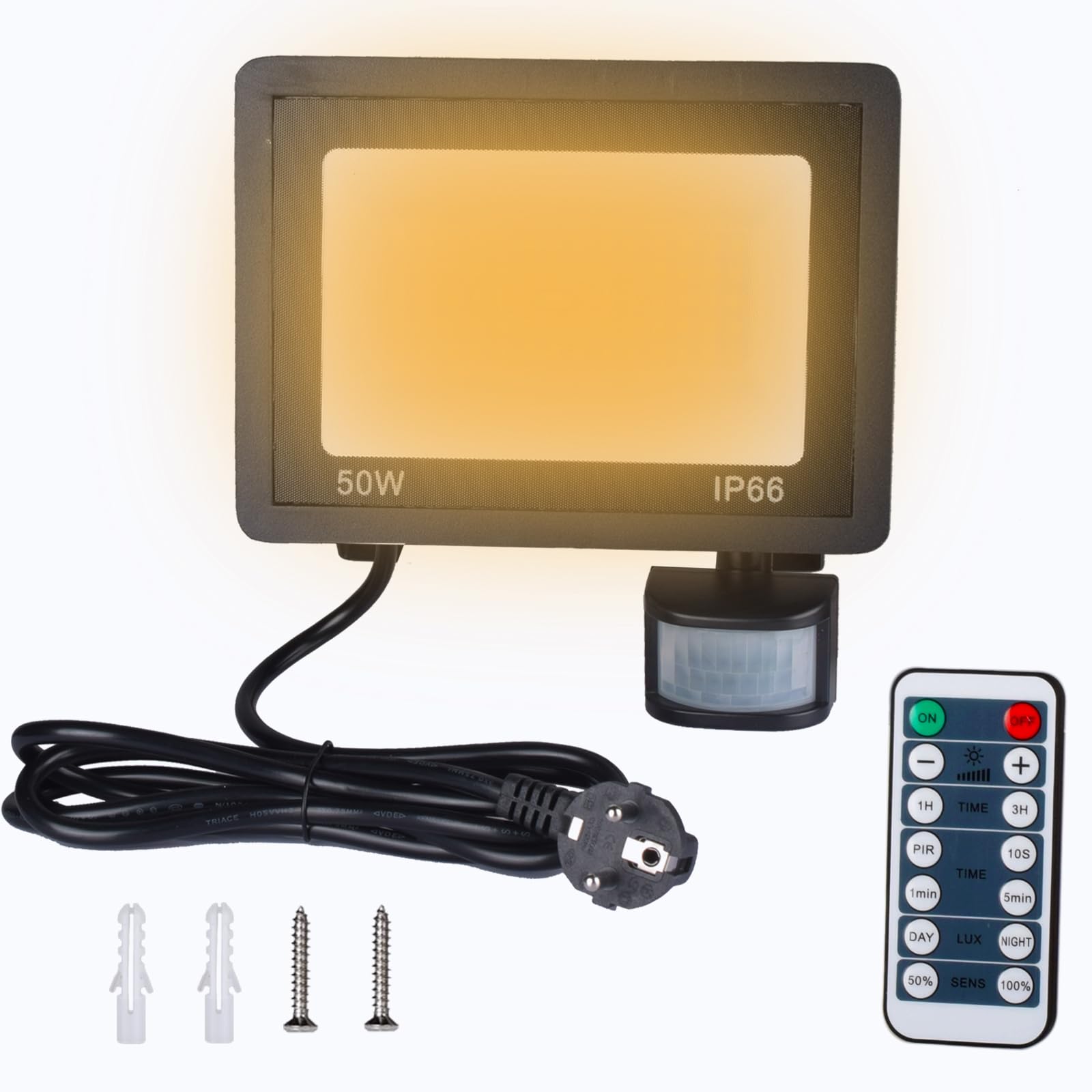 Etrogo 50W Faretto Led da Esterno con Sensore di Movimento y Telecomando 72 Leds 3000K Bianca Calda 5000Lm Dimmerabile IP66 Impermeabile Per Giardino Cortile Garage