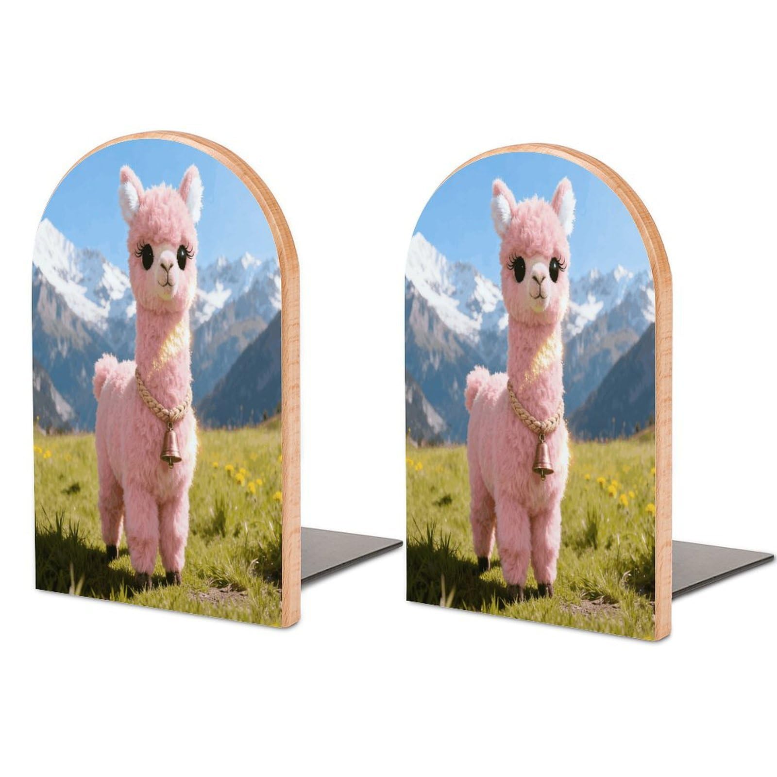 Llama Cute Alpaca Pink Book Ends Wood Non-Skid Bookend for Shelves Heavy Duty Bookends with Metal Base Decorative Books Stopper Desk Organizers Book Dividers for Office Home 1 Pair