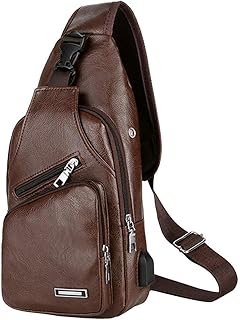 Borsa a tracolla con ricarica USB per uomini e donne, Unisex Vintage Sling Zaino Viaggio PU Pelle EDC Busto Daypack Borsa a tracolla per ciclismo campeggio