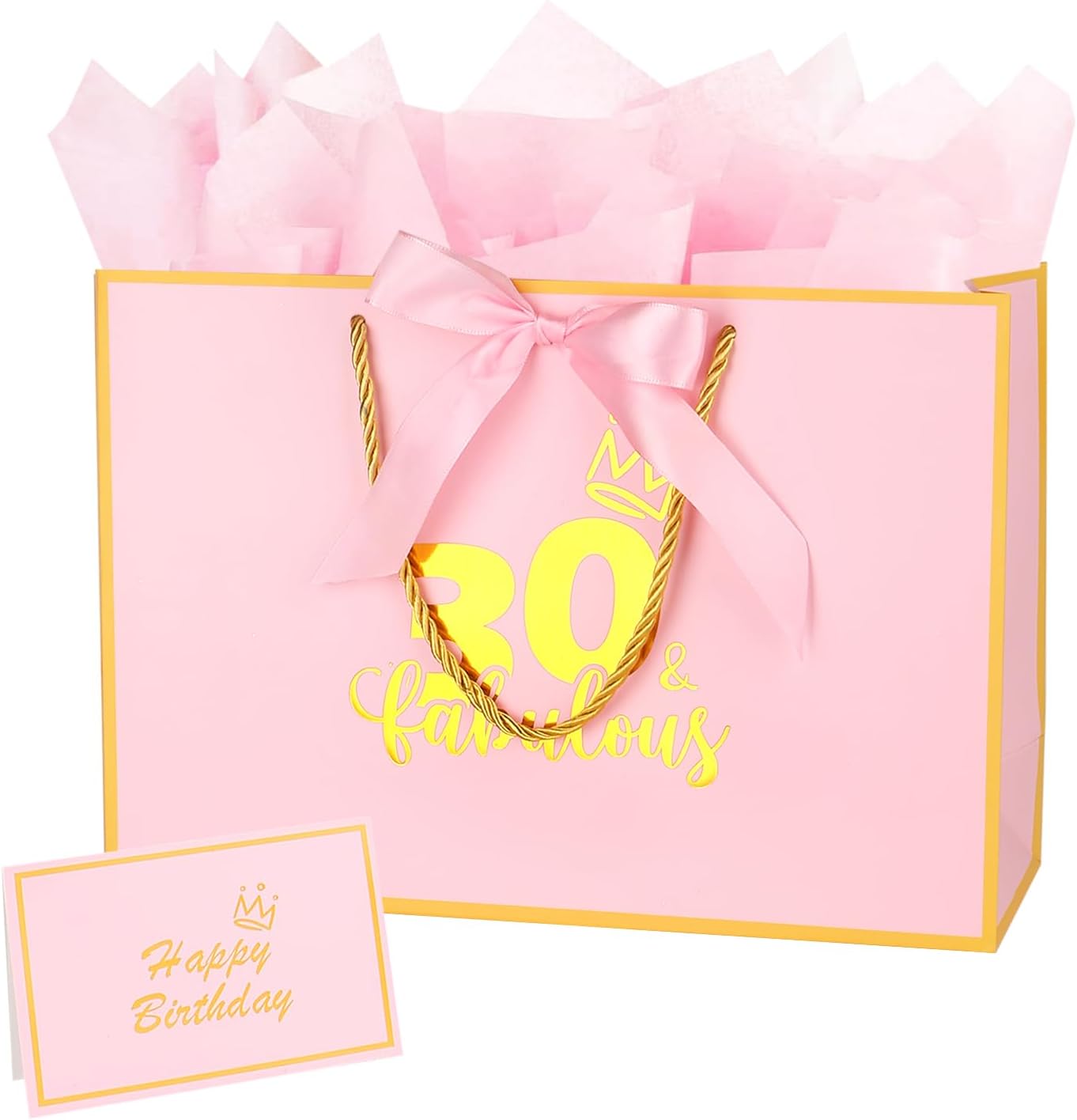 Dimetey 12.6Inch 30th Birthday Gift Bag with gift Card and Tissue Paper for Women Girl's 30th Birthday Supplies (Pink 30th)