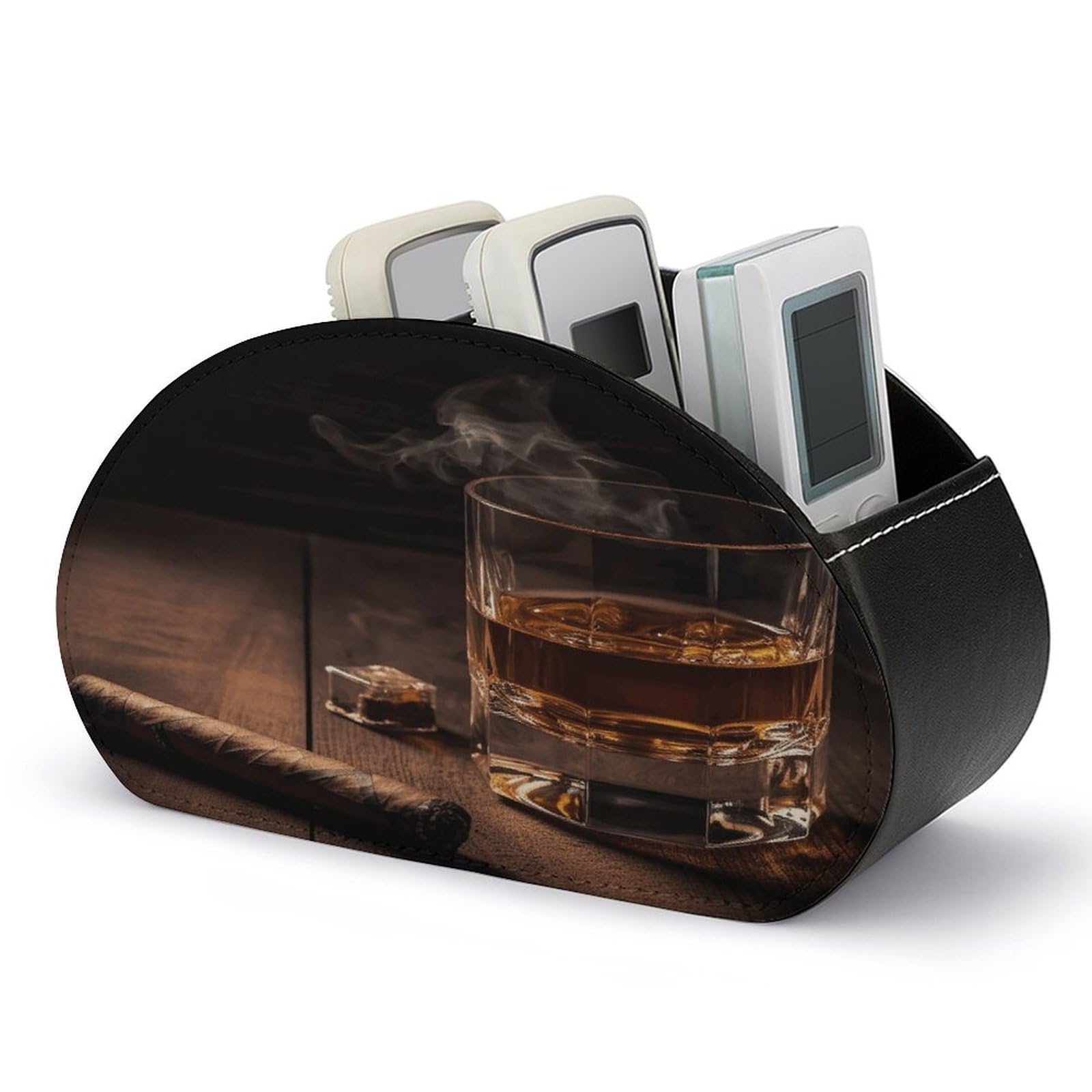 VstaDank Cigar & Whiskey Remote Control Holder with 5 Compartments PU Leather Remote Caddy Desktop Organizer Store TV Remote Control Storage Box for Home Office Desk Nightstand