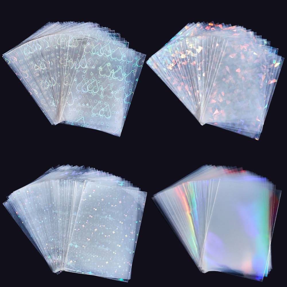 BEAMARKER 200Pcs 4 Styles Holographic Flashing Photocard 6.1x8.8cm Sleeves Plastic Thick Protective Cover Heart Prism Rainbow Star Rectangle Waterproof Trading Card Protector