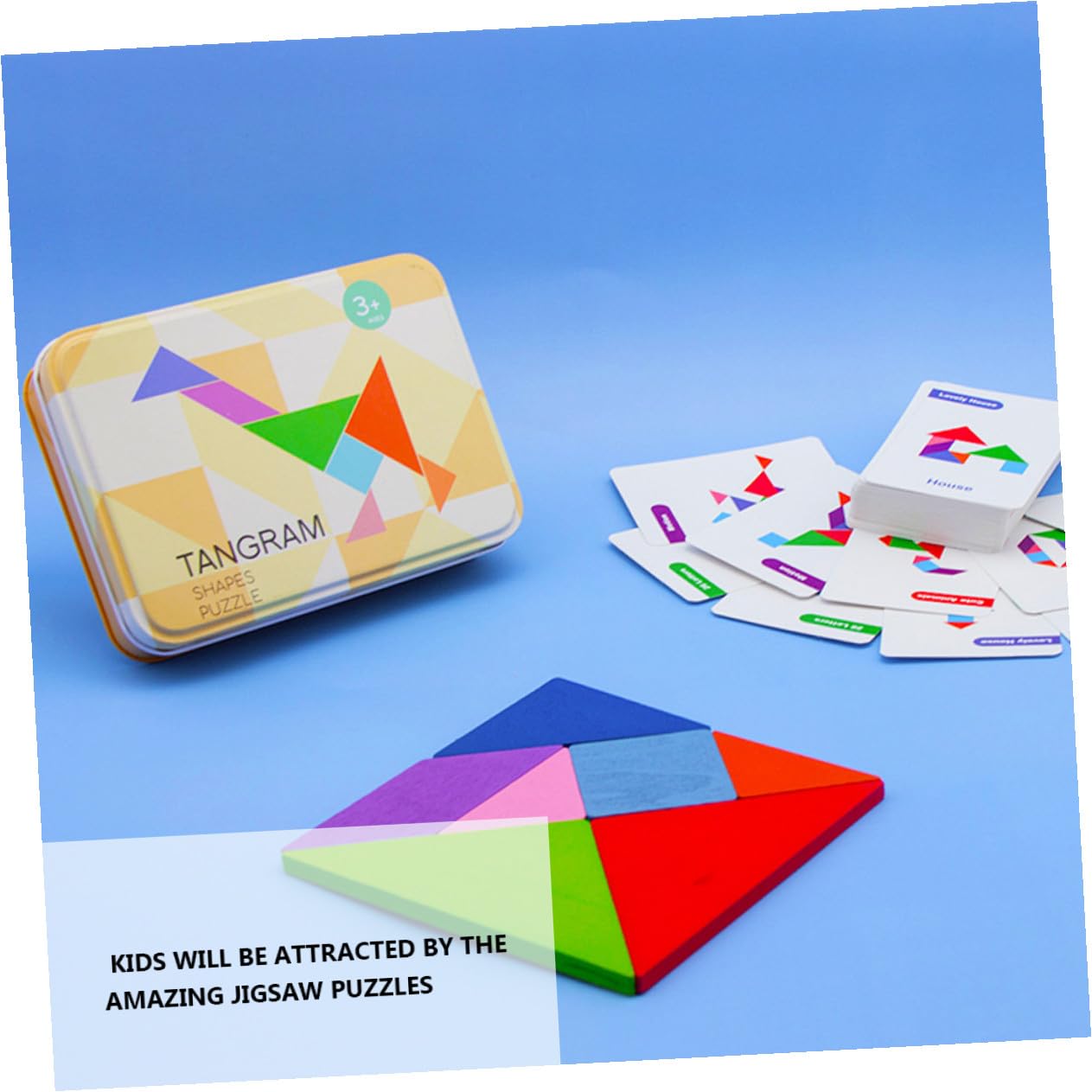 ifundom Jeu de Puzzle Tangram en Bois pour Garçon et Filles, Éducatif en Bois Naturel, 1 Coffret en Fer Cartes, Stimulation Créativité et Apprentissage Géométrie, pour Développement