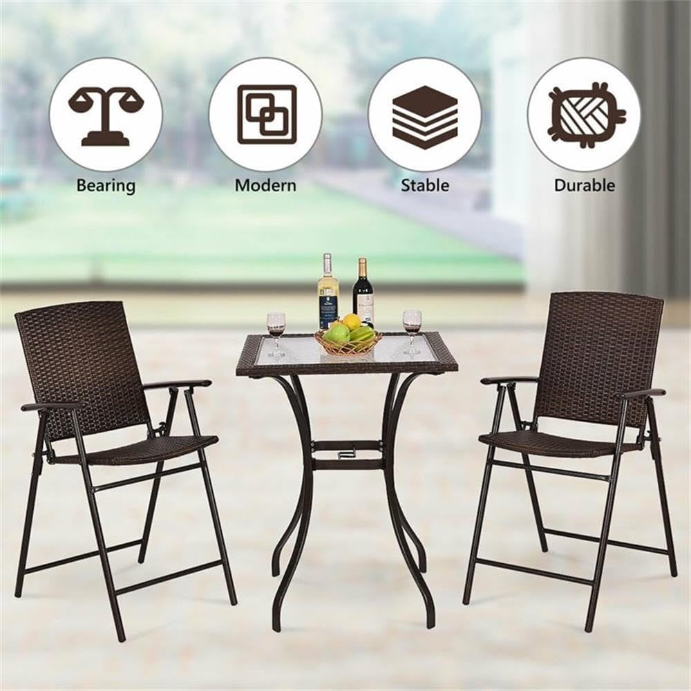Pemberly Row Square Steel and Rattan Outdoor Bar Table with Tempered Glass Top, Mixed Brown Finish, Built-in Umbrella Hole, Space-Saving Design, 28.3 x 28.3 x 37 in for Patio or Outdoor Settings