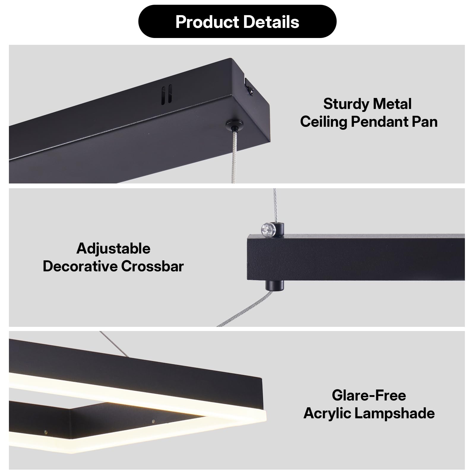 120 cm nowoczesna lampa wisząca LED, 52W czarny żyrandol sufitowy | Prostokątna lampa wisząca z pilotem zdalnego sterowania i pamięcią, regulacja czasu, wysokość do jadalni, kuchni, biura